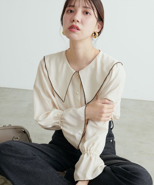 natural couture(ナチュラルクチュール)の「配色ピコ刺繍セーラーカラーブラウス(シャツ/ブラウス・レディース・ピンク/ブラウン/ブルー/アイボリー/ブラック・FREE)」の14枚目の写真