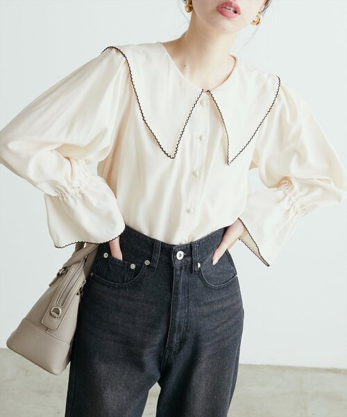 natural couture(ナチュラルクチュール)の「配色ピコ刺繍セーラーカラーブラウス(シャツ/ブラウス・レディース・ピンク/ブラウン/ブルー/アイボリー/ブラック・FREE)」の7枚目の写真