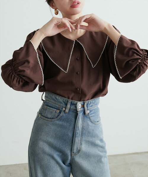 natural couture(ナチュラルクチュール)の「配色ピコ刺繍セーラーカラーブラウス(シャツ/ブラウス・レディース・ピンク/ブラウン/ブルー/アイボリー/ブラック・FREE)」の12枚目の写真