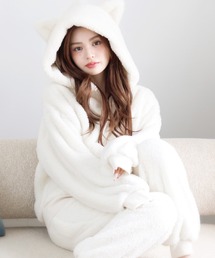 Dita（ディータ）の「ぷっくり耳付き。ねこ耳ファー起毛セットアップ（パーカー＆ロングパンツset）（ルームウェア/パジャマ）」
