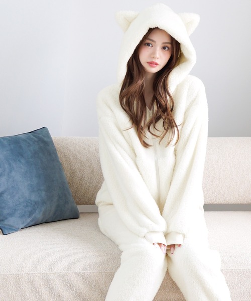 Dita（ディータ）の「ぷっくり耳付き。ねこ耳ファー起毛セットアップ（パーカー＆ロングパンツset）（ルームウェア/パジャマ・レディース・ピンクベージュ/ブラウン系その他/ブラック/アイボリー/サックスブルー系/ホワイト/ラベンダー・FREE）」の19枚目の写真