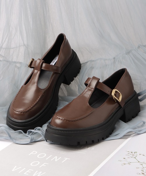 セール】レザー調 スクエアトゥ 厚底 ベルト ローファー（ローファー