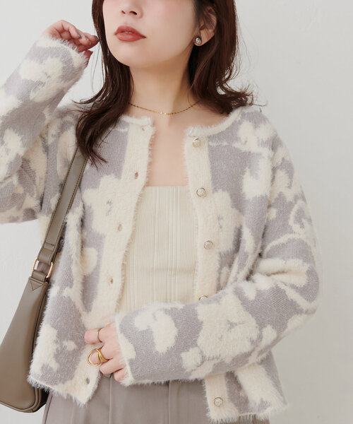 natural couture（ナチュラルクチュール）の「フェザーヤーンジャガードニットカーデ（カーディガン/ボレロ・レディース・ミント/ピンク/チャコールグレー/アイボリー/グレイッシュベージュ・FREE）」の3枚目の写真