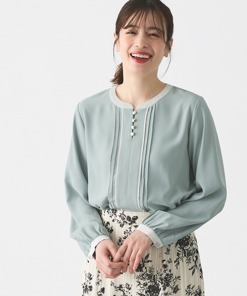 ブラウス シャツ 「洗える」ピンタック配色ブラウス レディース Honeys ブラウス シャツ 配色ピンタックブラウス レディース