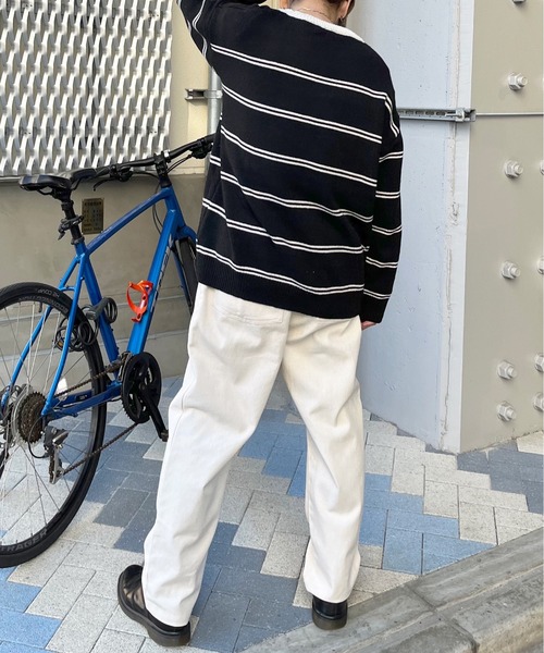 MODISH GAZE(モディシュガゼ)の「【MODISH GAZE】ワンポイントロゴボーダーニット(ニット/セーター・メンズ・ブラック・LARGE/MEDIUM)」の5枚目の写真