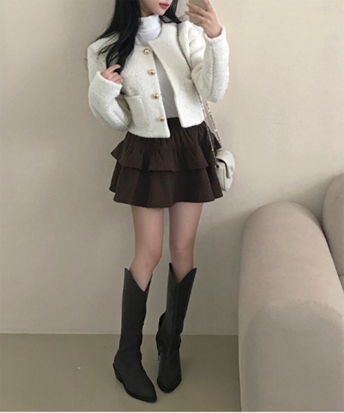 by muni:r（バイ ムニール）の「ゴールドボタンノーカラージャケット（ノーカラージャケット・レディース・グレー/アイボリー/ピンク・FREE）」の9枚目の写真