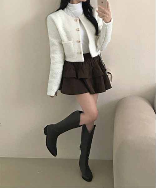 by muni:r（バイ ムニール）の「ゴールドボタンノーカラージャケット（ノーカラージャケット・レディース・グレー/アイボリー/ピンク・FREE）」の10枚目の写真