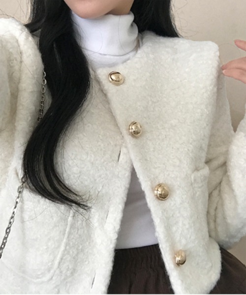 by muni:r（バイ ムニール）の「ゴールドボタンノーカラージャケット（ノーカラージャケット・レディース・グレー/アイボリー/ピンク・FREE）」の11枚目の写真