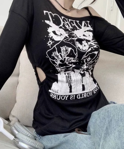 lilful（リルフル）の「ロゴプリント サイドスリット肌見せコンパクトロンT（Tシャツ/カットソー・レディース・ホワイト/ブラック・L/M）」の10枚目の写真