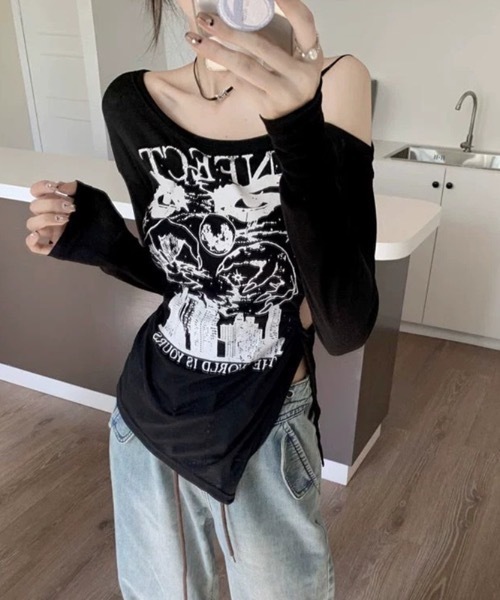 lilful（リルフル）の「ロゴプリント サイドスリット肌見せコンパクトロンT（Tシャツ/カットソー・レディース・ホワイト/ブラック・L/M）」の11枚目の写真