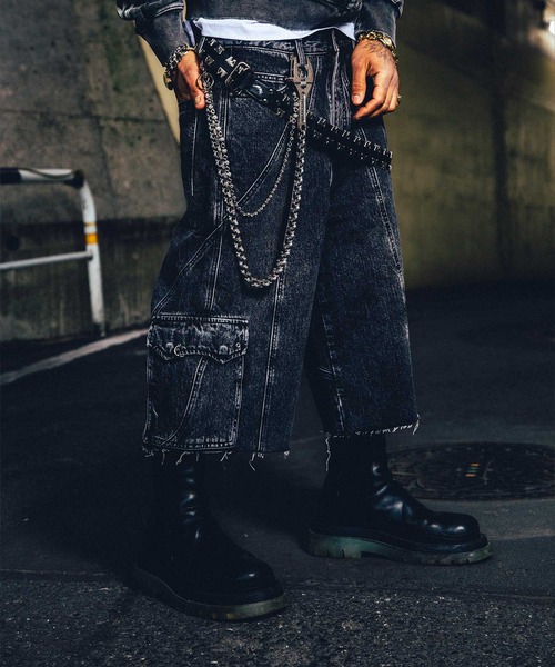 国内未入荷 STARTEXCEEDEND - Distressed Punk Denim Shorts Men's Trendy Punk Worn-Out Rough Edge Denim Shorts