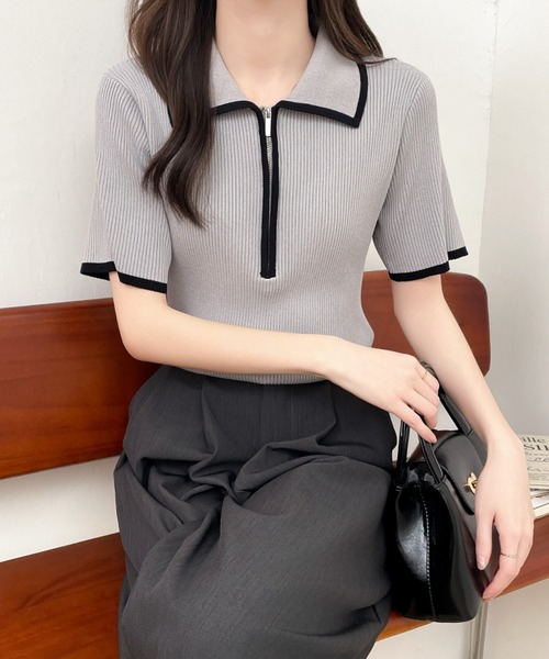 【新品未使用】un number 「bi-color」リブニットセーターaya セール】配色ポロ襟リブニットプルオーバー（ニット/セーター