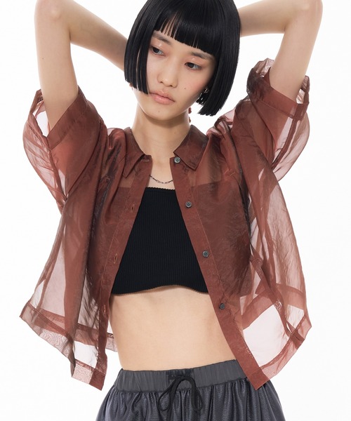 NOMINE(ノミネ)の「ハーフスリーブ シアー シャツ(シャツ/ブラウス・レディース・グレイッシュベージュ/エメラルド/ブラック/エンジ/ブラック系その他/ブラウン系その他/ピンク/ライトグレー・フリー)」の21枚目の写真