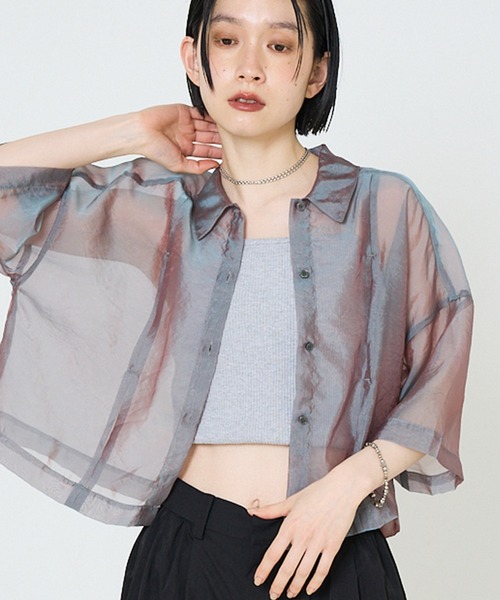 NOMINE(ノミネ)の「ハーフスリーブ シアー シャツ(シャツ/ブラウス・レディース・グレイッシュベージュ/エメラルド/ブラック/エンジ/ブラック系その他/ブラウン系その他/ピンク/ライトグレー・フリー)」の15枚目の写真