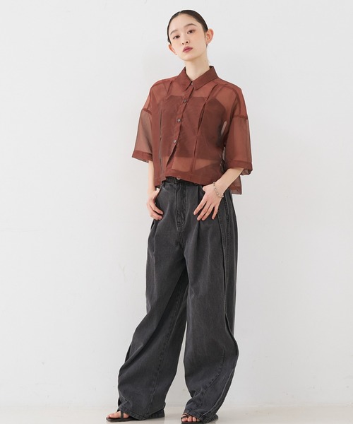 NOMINE(ノミネ)の「ハーフスリーブ シアー シャツ(シャツ/ブラウス・レディース・グレイッシュベージュ/エメラルド/ブラック/エンジ/ブラック系その他/ブラウン系その他/ピンク/ライトグレー・フリー)」の21枚目の写真