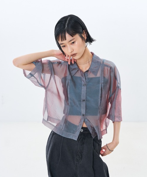 NOMINE(ノミネ)の「ハーフスリーブ シアー シャツ(シャツ/ブラウス・レディース・グレイッシュベージュ/エメラルド/ブラック/エンジ/ブラック系その他/ブラウン系その他/ピンク/ライトグレー・フリー)」の18枚目の写真