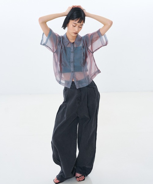 NOMINE(ノミネ)の「ハーフスリーブ シアー シャツ(シャツ/ブラウス・レディース・グレイッシュベージュ/エメラルド/ブラック/エンジ/ブラック系その他/ブラウン系その他/ピンク/ライトグレー・フリー)」の19枚目の写真