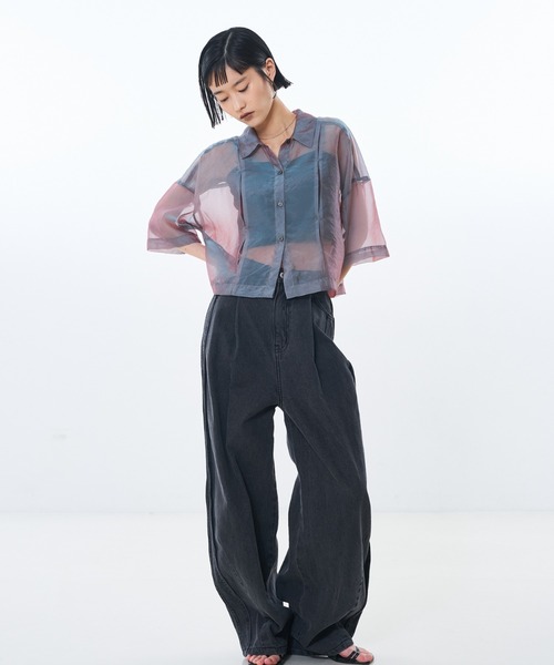 NOMINE(ノミネ)の「ハーフスリーブ シアー シャツ(シャツ/ブラウス・レディース・グレイッシュベージュ/エメラルド/ブラック/エンジ/ブラック系その他/ブラウン系その他/ピンク/ライトグレー・フリー)」の20枚目の写真