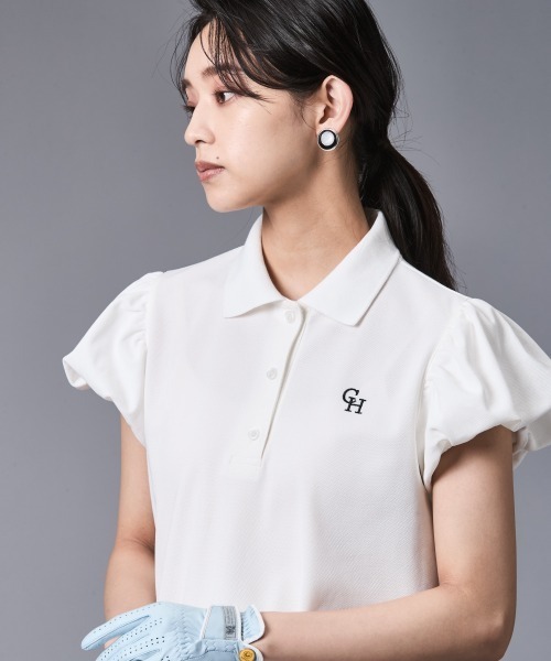 CHIC STYLE（シックスタイル）の「パフスリーブポロシャツ＜大きいサイズ有＞シックスタイルゴルフ（Tシャツ/カットソー・レディース・ベージュ/ブラック/オフホワイト・5L/4L/3L/LL/L/M）」の2枚目の写真