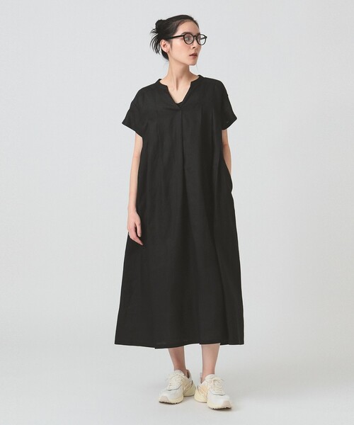 セール】リネン タック キーネック ワンピース [手洗い可