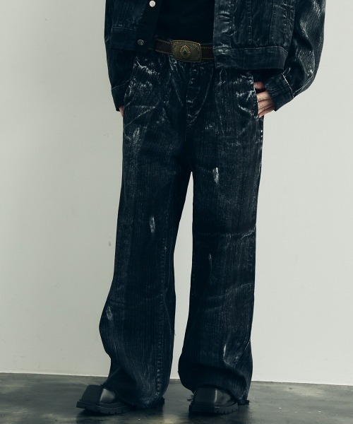 セール】Vintage wash painting pattern denim set up