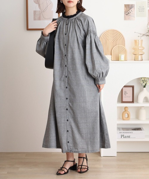 麻ﾚｰｽ付き袖・ｶｳｽｺﾞﾑｼｬｰﾘﾝｸﾞ加工ﾜﾝﾋﾟｰｽ