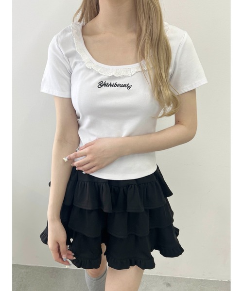 PHILLY(フィリー)の「【PHILLY】レースネックTシャツ(Tシャツ/カットソー・レディース・ホワイト/グレー・FREE)」の1枚目の写真