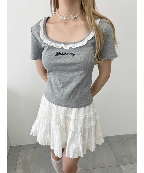 PHILLY(フィリー)の「【PHILLY】レースネックTシャツ(Tシャツ/カットソー・レディース・ホワイト/グレー・FREE)」の3枚目の写真