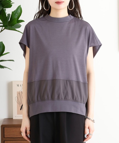 EGLANTINE(エグランティーヌ)の「EGLANTINE バックタックデザインTシャツ 素材切り替え 裾シアーカットソー(Tシャツ/カットソー・レディース・チャコールグレー/オフホワイト/ブラック・40)」の18枚目の写真
