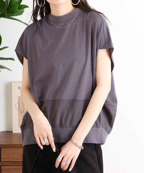 EGLANTINE(エグランティーヌ)の「EGLANTINE バックタックデザインTシャツ 素材切り替え 裾シアーカットソー(Tシャツ/カットソー・レディース・チャコールグレー/オフホワイト/ブラック・40)」の14枚目の写真