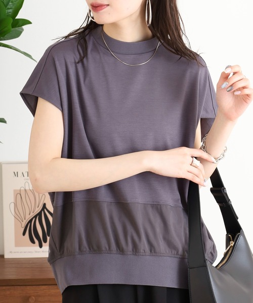 EGLANTINE(エグランティーヌ)の「EGLANTINE バックタックデザインTシャツ 素材切り替え 裾シアーカットソー(Tシャツ/カットソー・レディース・チャコールグレー/オフホワイト/ブラック・40)」の15枚目の写真
