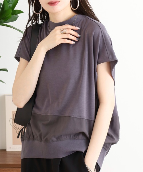 EGLANTINE(エグランティーヌ)の「EGLANTINE バックタックデザインTシャツ 素材切り替え 裾シアーカットソー(Tシャツ/カットソー・レディース・チャコールグレー/オフホワイト/ブラック・40)」の16枚目の写真