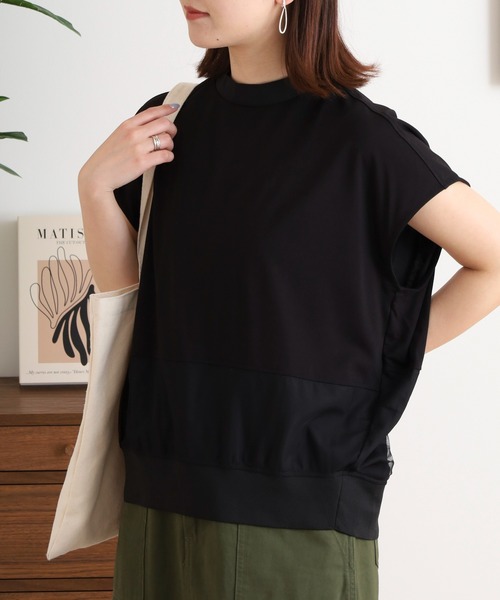 EGLANTINE(エグランティーヌ)の「EGLANTINE バックタックデザインTシャツ 素材切り替え 裾シアーカットソー(Tシャツ/カットソー・レディース・チャコールグレー/オフホワイト/ブラック・40)」の12枚目の写真