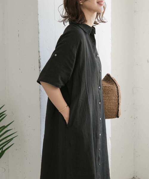 URBAN RESEARCH DOORS(アーバンリサーチドアーズ)の「『WEB/一部店舗限定カラー』リネン半袖シャツワンピース(ワンピース・レディース・ブラウン/グリーン/ネイビー/ブラック・MEDIUM)」の14枚目の写真
