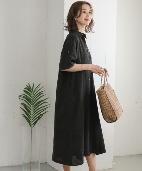 URBAN RESEARCH DOORS(アーバンリサーチドアーズ)の「『WEB/一部店舗限定カラー』リネン半袖シャツワンピース(ワンピース・レディース・ブラウン/グリーン/ネイビー/ブラック・MEDIUM)」の15枚目の写真
