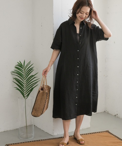 URBAN RESEARCH DOORS(アーバンリサーチドアーズ)の「『WEB/一部店舗限定カラー』リネン半袖シャツワンピース(ワンピース・レディース・ブラウン/グリーン/ネイビー/ブラック・MEDIUM)」の18枚目の写真