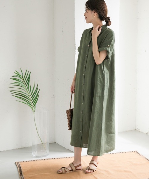 美品 アギュー リネン 半袖 シャツ ワンピース フリー ARGUE 日本製 美品 アギュー リネン 半袖 シャツ ワンピース フリー ARGUE
