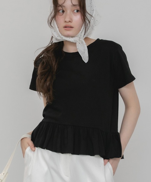 HEILIS(ヘイリス)の「裾フリル半袖ペプラムカットソー / フリルトップス ロンT ロングtシャツ 韓国 ガーリー バレエコア ブロケットコア スポーツミックス フレンチシック 半袖 春服 夏服 クルーネック Tシャツ カジュアル レイヤード ブラック アイボリー オフホワイト グレー(Tシャツ/カットソー・レディース・アイボリー/ブラック/グレー・FREE)」の22枚目の写真