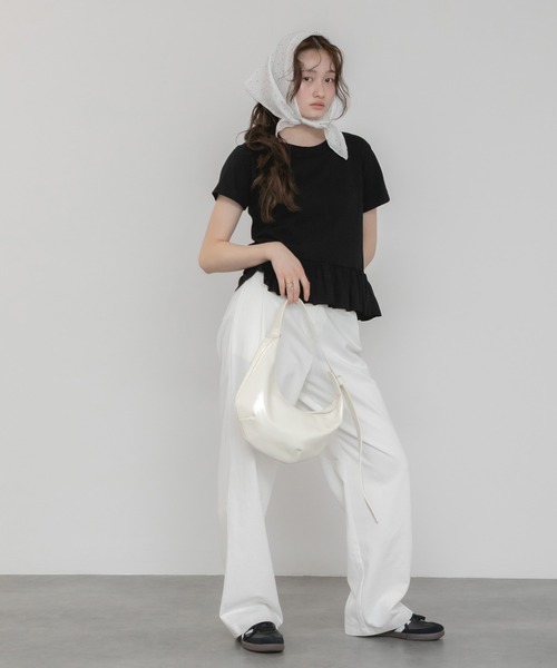 tシャツ 裾フリル半袖ペプラムカットソー / フリルトップス ロンT ロングtシャツ 韓国 ガーリー バレエコア ブロケットコア スポーツミックス フ HEILIS tシャツ 裾フリル半袖ペプラムカットソー / フリル