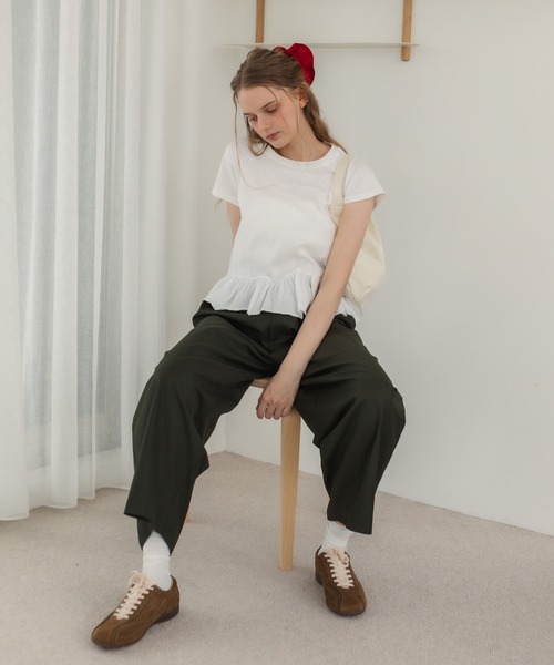tシャツ 裾フリル半袖ペプラムカットソー / フリルトップス ロンT ロングtシャツ 韓国 ガーリー バレエコア ブロケットコア スポーツミックス フ HEILIS tシャツ 裾フリル半袖ペプラムカットソー / フリル