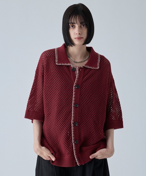 VELNUS(ベルナス)の「【VELNUS】Sheer Knit Loose Short-Sleeve Stitch Summer Knit Shirt/透かし編みルーズ半袖ステッチサマーニットシャツ(シャツ/ブラウス・メンズ・ブラック/ブルー/バーガンディー/グリーン・S/M/L)」の1枚目の写真