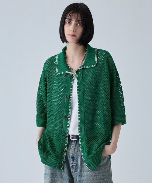 VELNUS(ベルナス)の「【VELNUS】Sheer Knit Loose Short-Sleeve Stitch Summer Knit Shirt/透かし編みルーズ半袖ステッチサマーニットシャツ(シャツ/ブラウス・メンズ・ブラック/ブルー/バーガンディー/グリーン・S/M/L)」の3枚目の写真