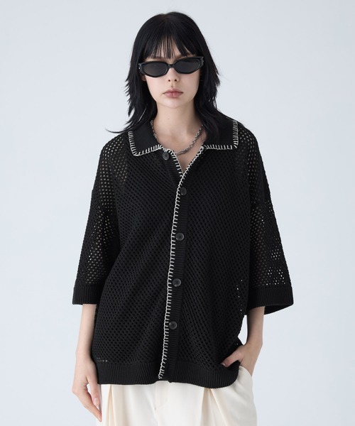 新品未使用 【VELNUS】透かし編みルーズ半袖ラメサマーニット ネイビーL VELNUS】Watermark knitting loose short sleeve stitch summer