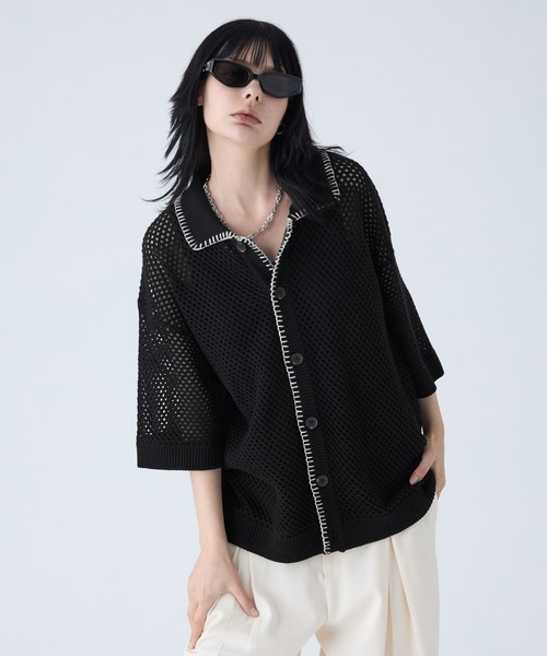 【完売人気商品】VELNUS＆CIASENCE 透かし編みニットポロセット VELNUS】Watermark knitting loose Half Sleeve knit polo shirt