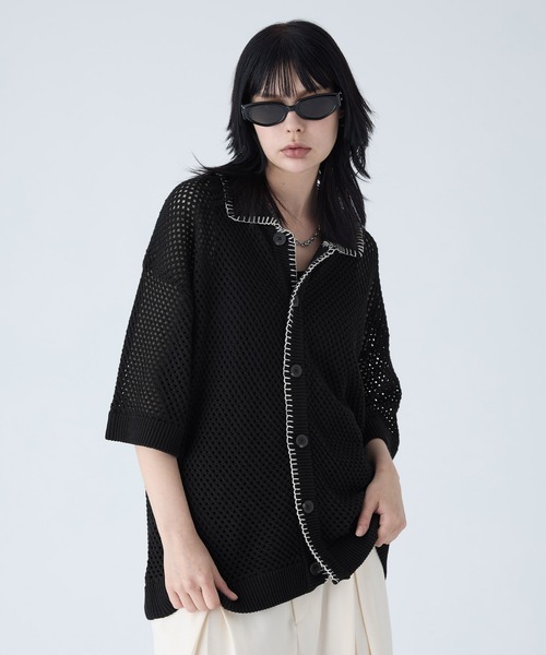 VELNUS 透かし編みルーズ半袖ステッチサマーカーディガン VELNUS】Watermark knitting loose short sleeve stitch summer