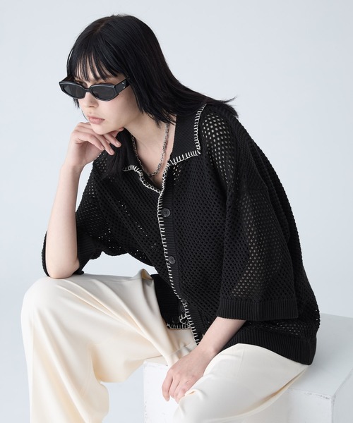 VELNUS 透かし編みルーズ半袖ステッチサマーカーディガン VELNUS（ベルナス）の「【VELNUS】Watermark knitting loose