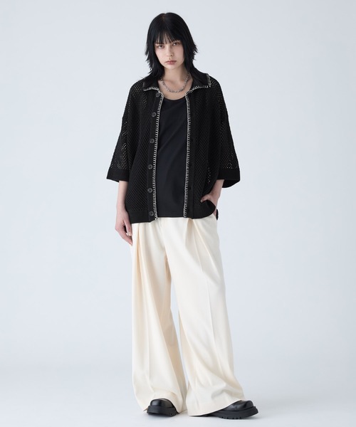 VELNUS 透かし編みルーズ半袖ステッチサマーカーディガン VELNUS】Watermark knitting loose short sleeve stitch summer