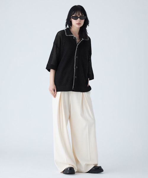 新品未使用 【VELNUS】透かし編みルーズ半袖ラメサマーニット ネイビーL VELNUS】Watermark knitting loose short sleeve stitch summer