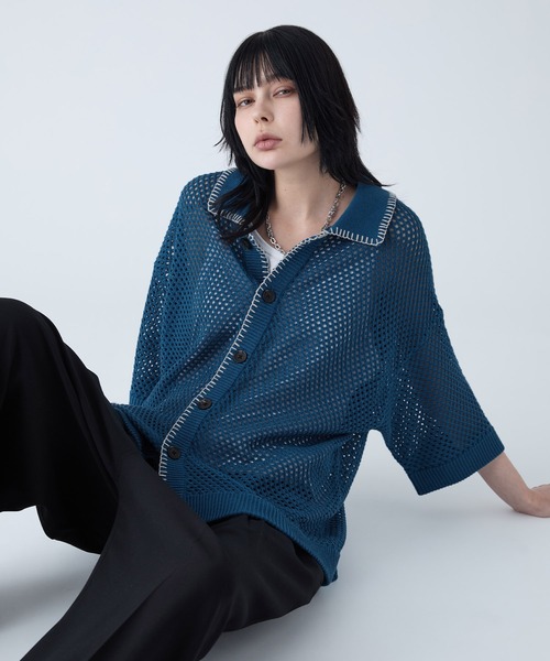 VELNUS】Watermark knitting loose short sleeve stitch summer