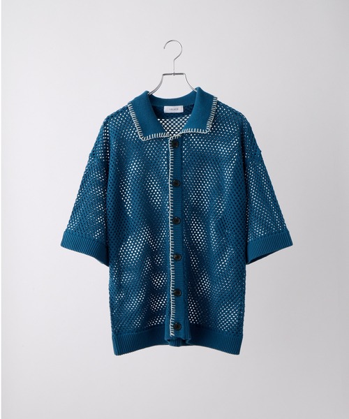 VELNUS 透かし編みルーズ半袖ステッチサマーカーディガン VELNUS】Watermark knitting loose short sleeve stitch summer
